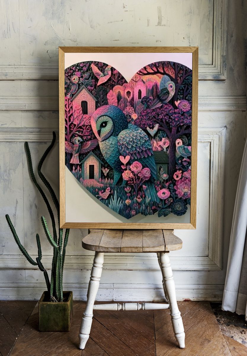 Owl Garden Heart Illustration Poster. — room view 1