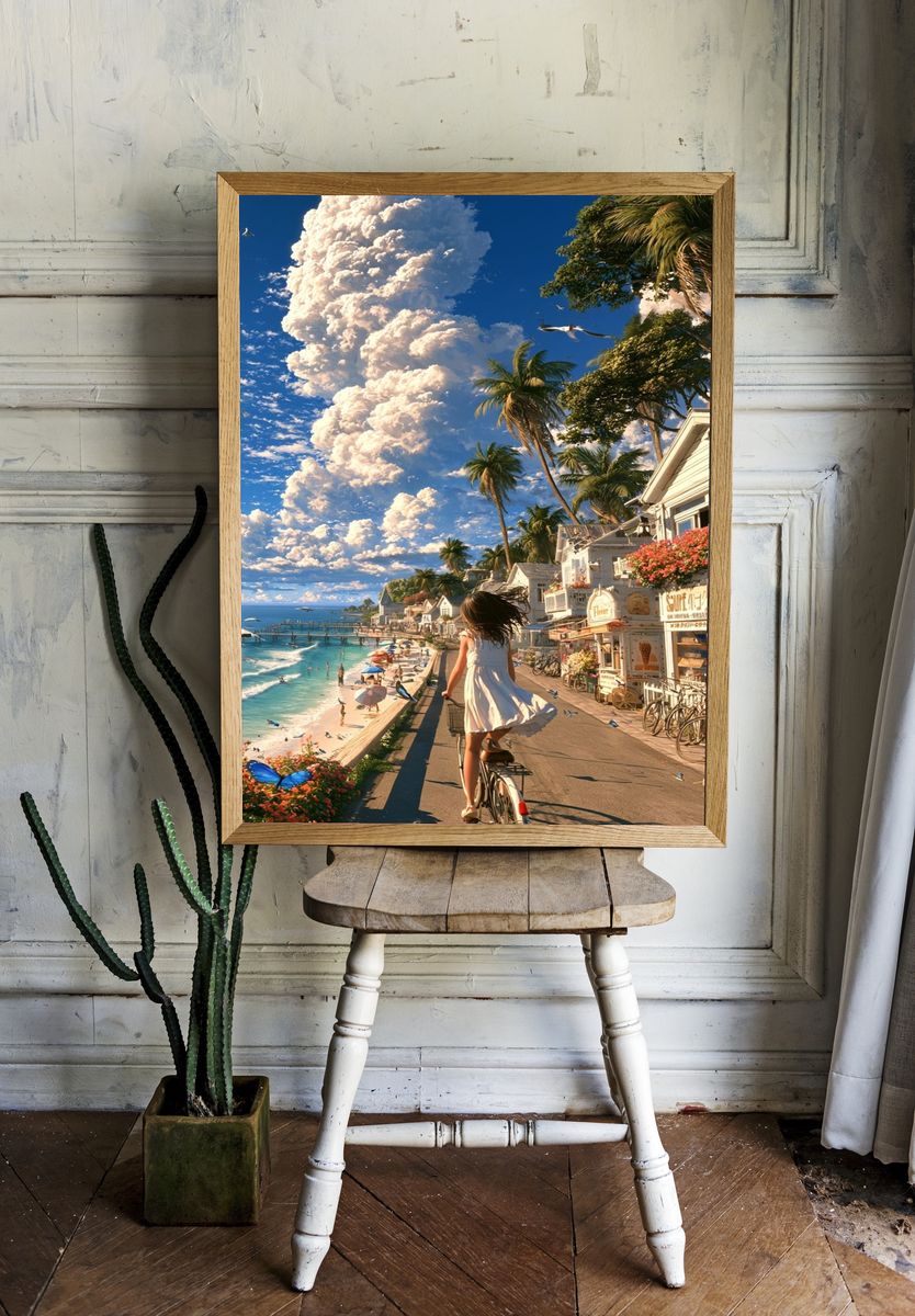 Tropical Seaside Bicycle Ride Print. — room view 1