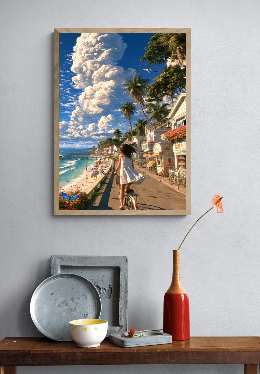 Tropical Seaside Bicycle Ride Print. — room view 3