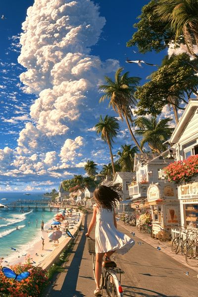 Tropical Seaside Bicycle Ride Print. poster