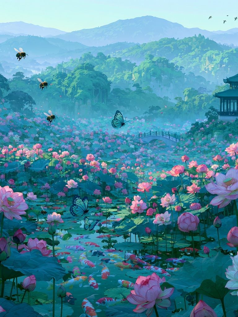 Lotus Garden Pagoda Illustration Poster. poster detail