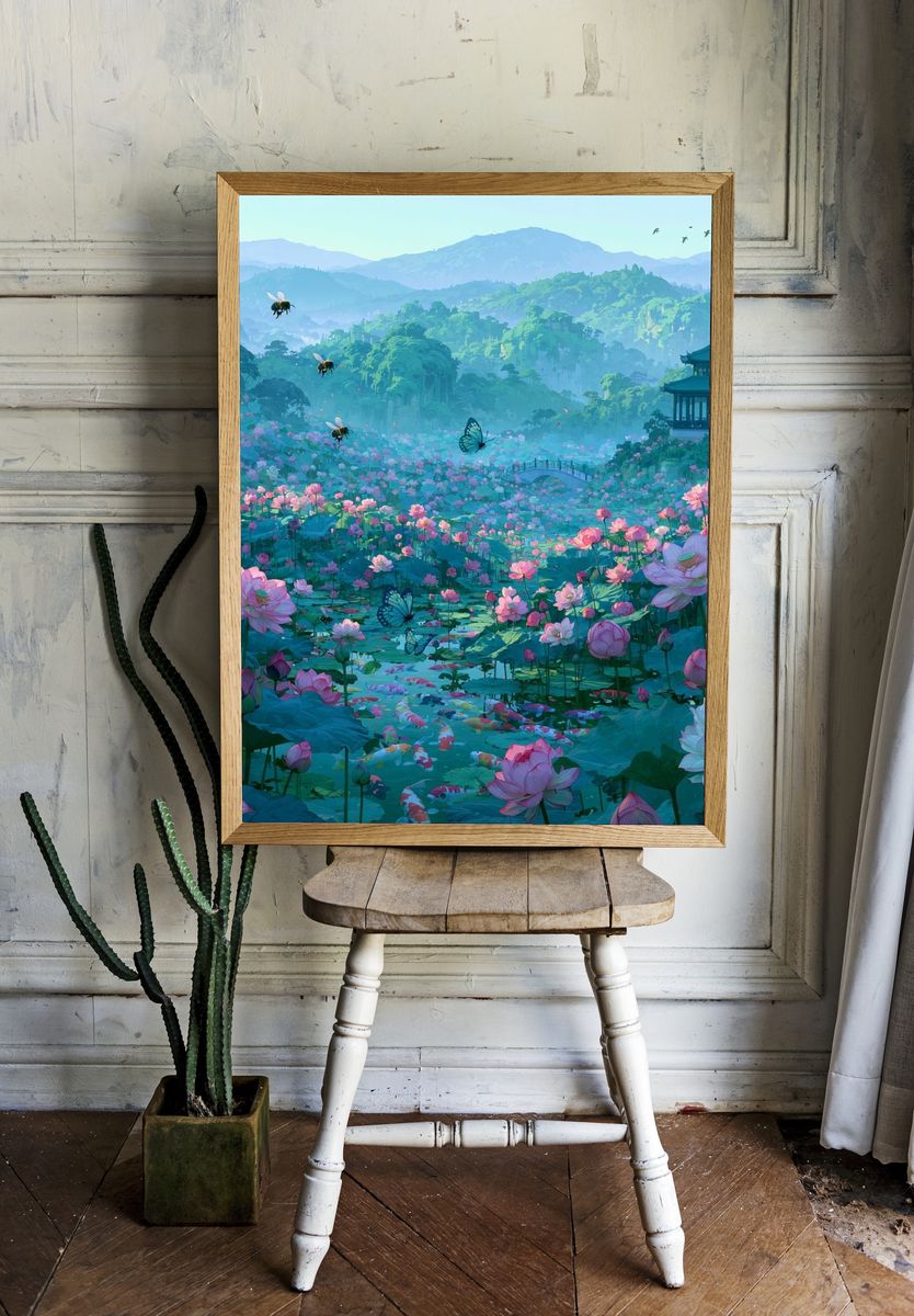 Lotus Garden Pagoda Illustration Poster. — room view 1