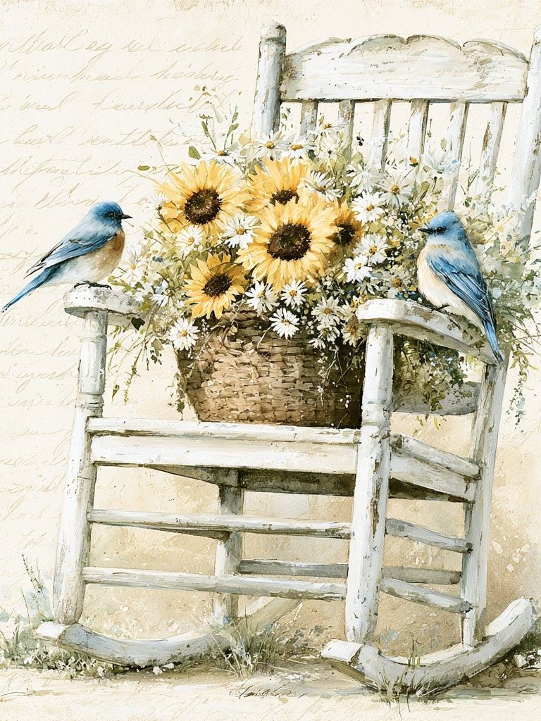 Bluebirds and Sunflowers Watercolor Poster. poster detail