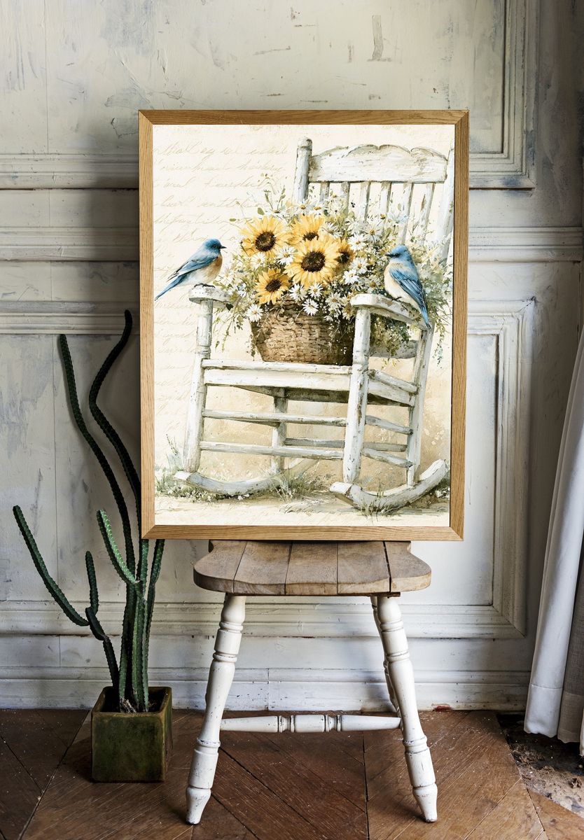 Bluebirds and Sunflowers Watercolor Poster. room preview