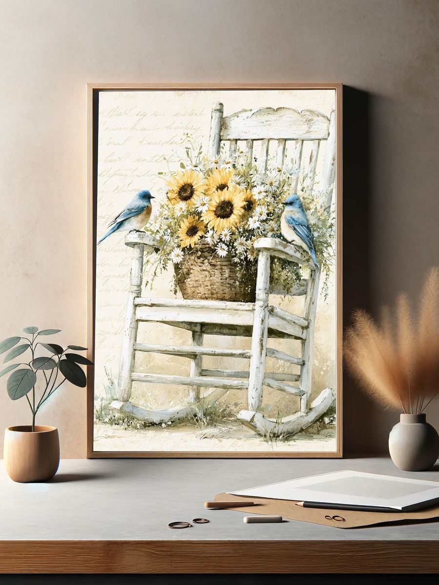 Bluebirds and Sunflowers Watercolor Poster. — room view 2