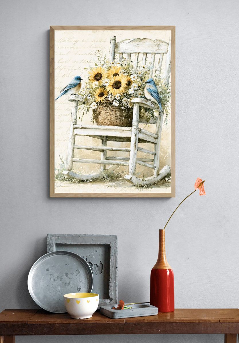 Bluebirds and Sunflowers Watercolor Poster. — room view 3