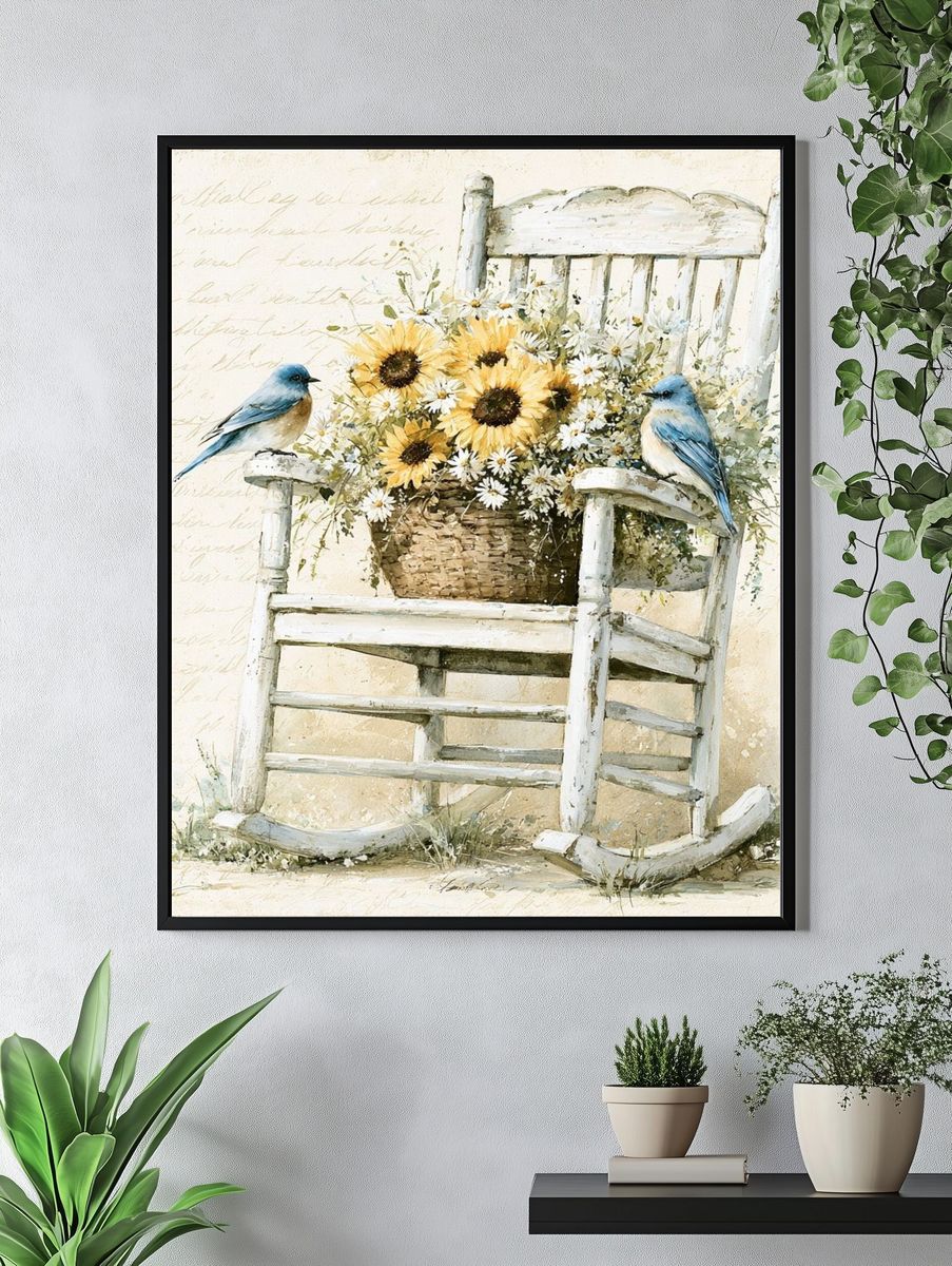 Bluebirds and Sunflowers Watercolor Poster. — room view 4