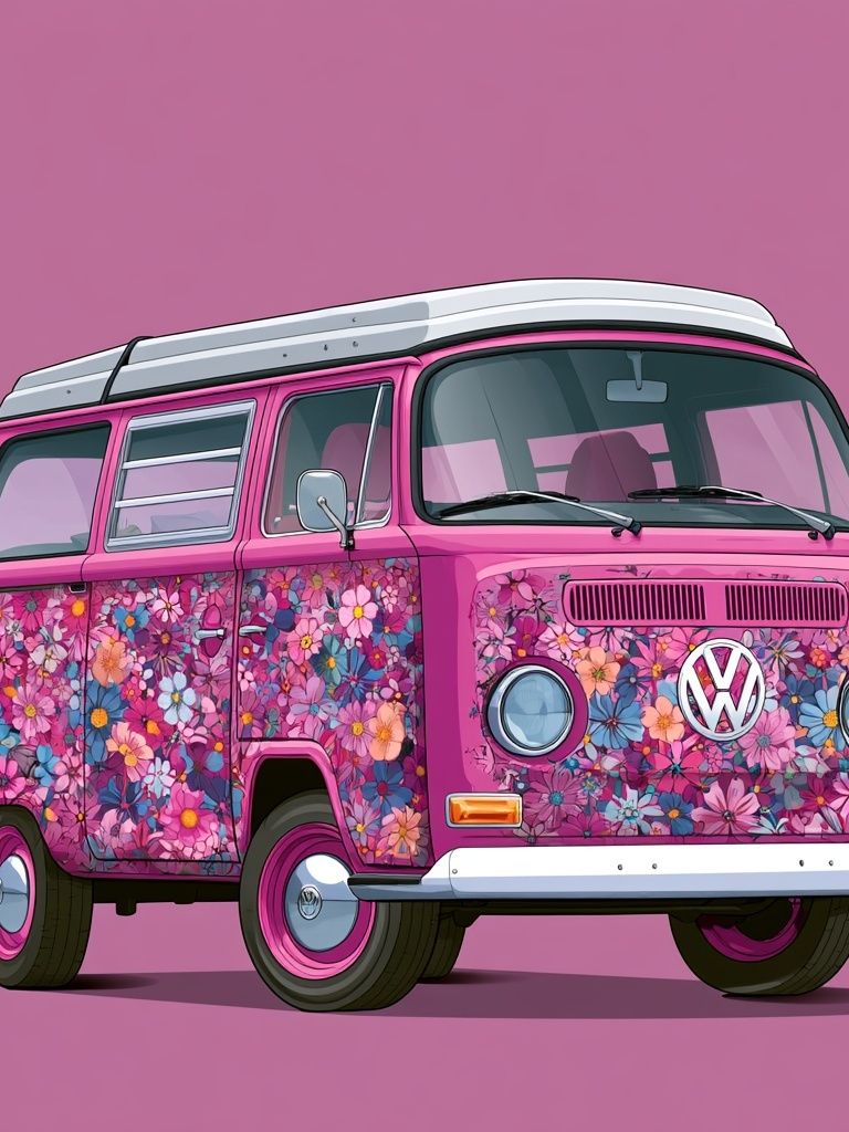 Pink Floral VW Bus Illustration Poster. poster — illustration art