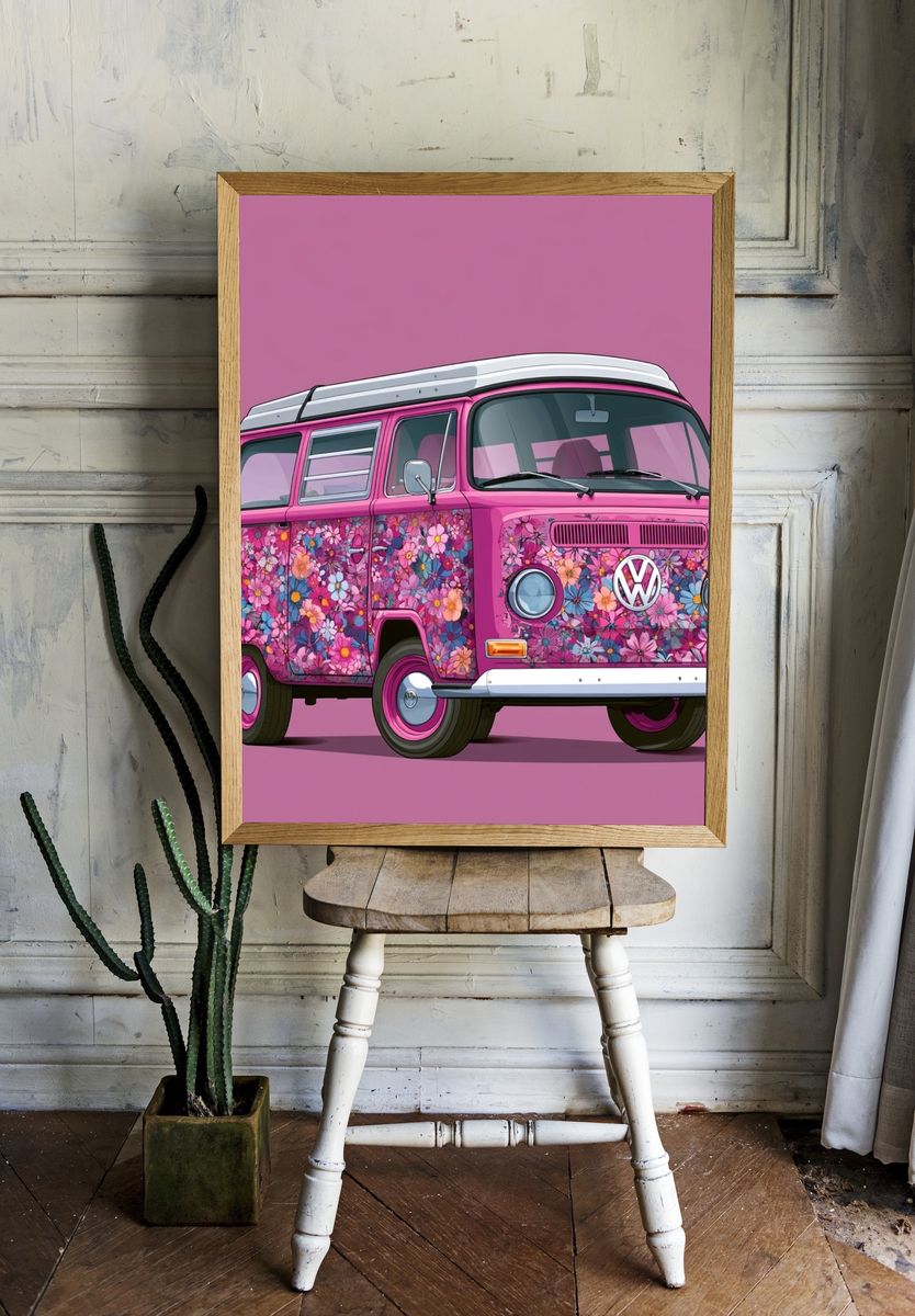 Pink Floral VW Bus Illustration Poster. — room view 1