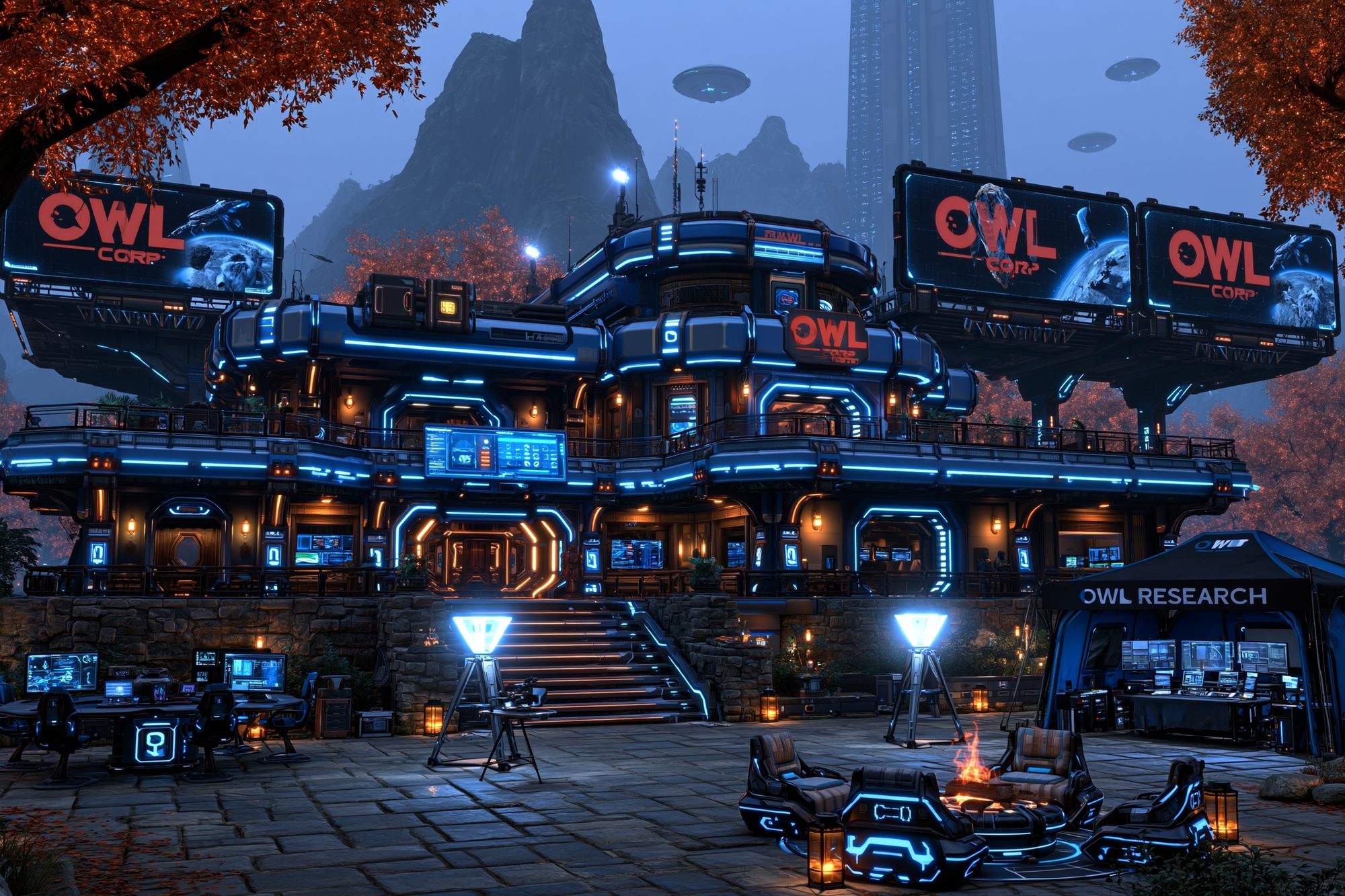 Futuristic Owl Research Base Poster. poster — illustration art