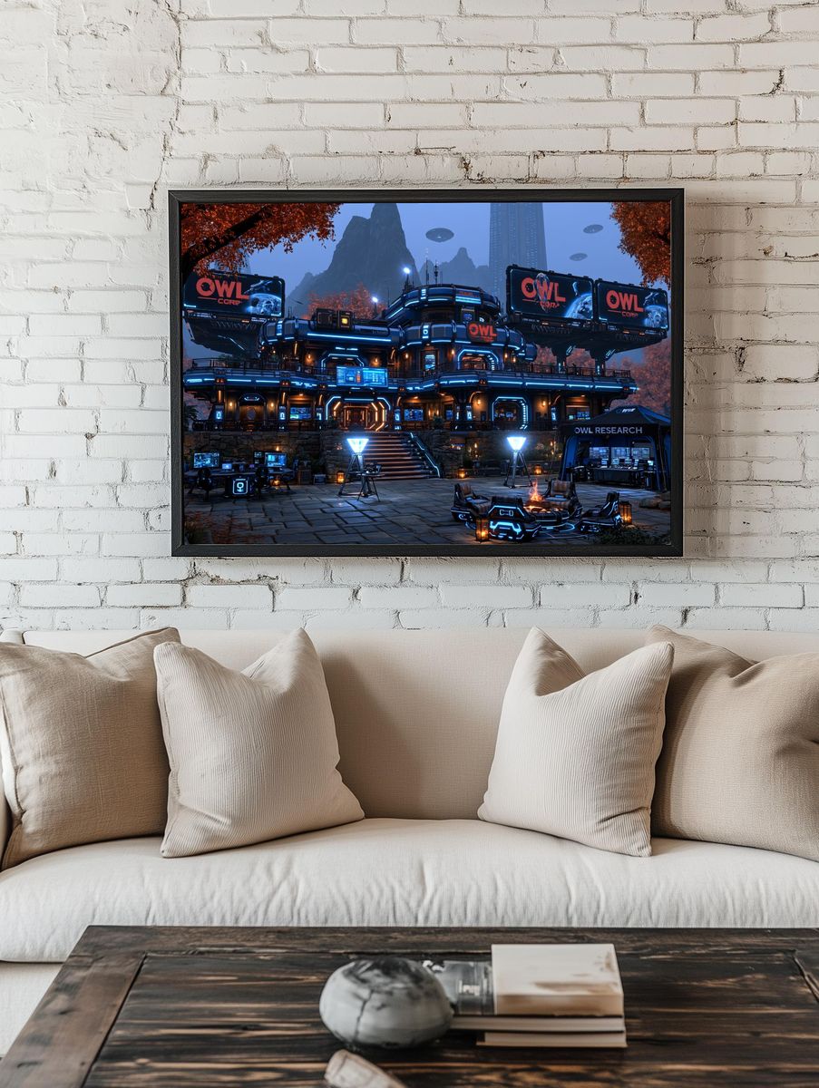 Futuristic Owl Research Base Poster. — room view 1