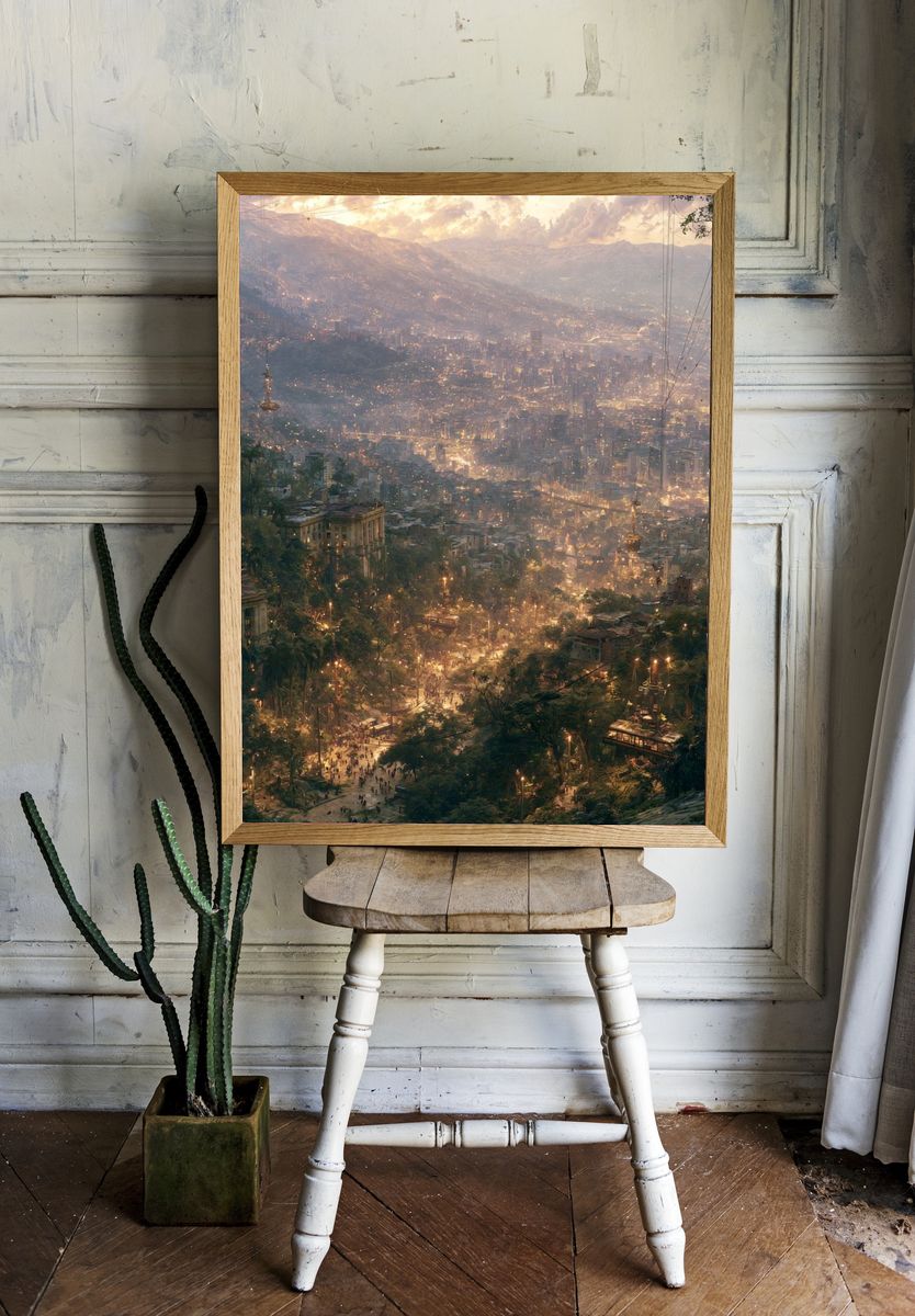 Mountain Cityscape Digital Art Print. — room view 1