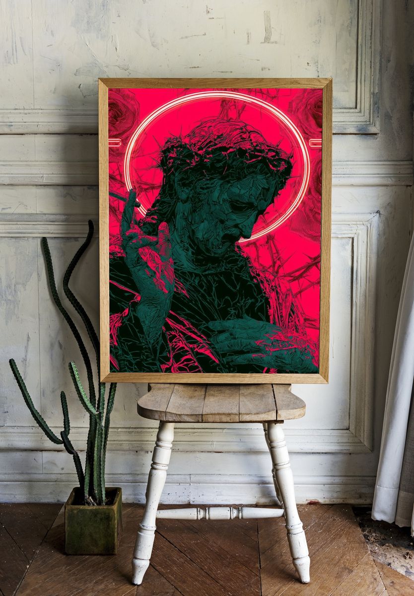 Neon Rose Statue Illustration Poster. room preview