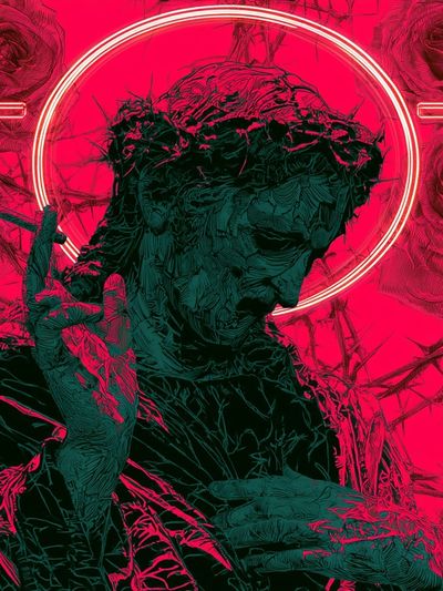 Neon Rose Statue Illustration Poster.