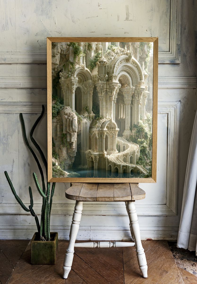 Fantasy Cliffside Temple Illustration Poster. room preview