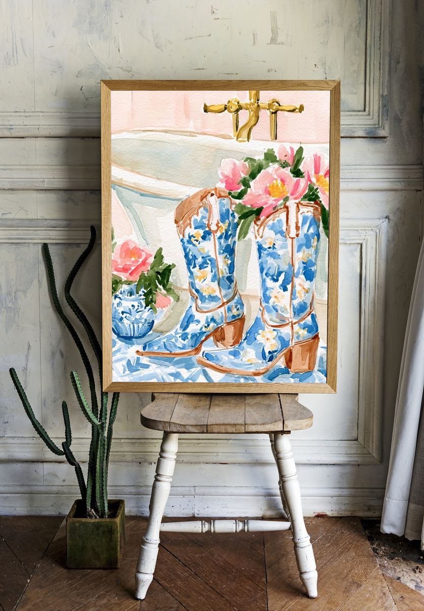 Floral Cowboy Boots Watercolor Print. — room view 1