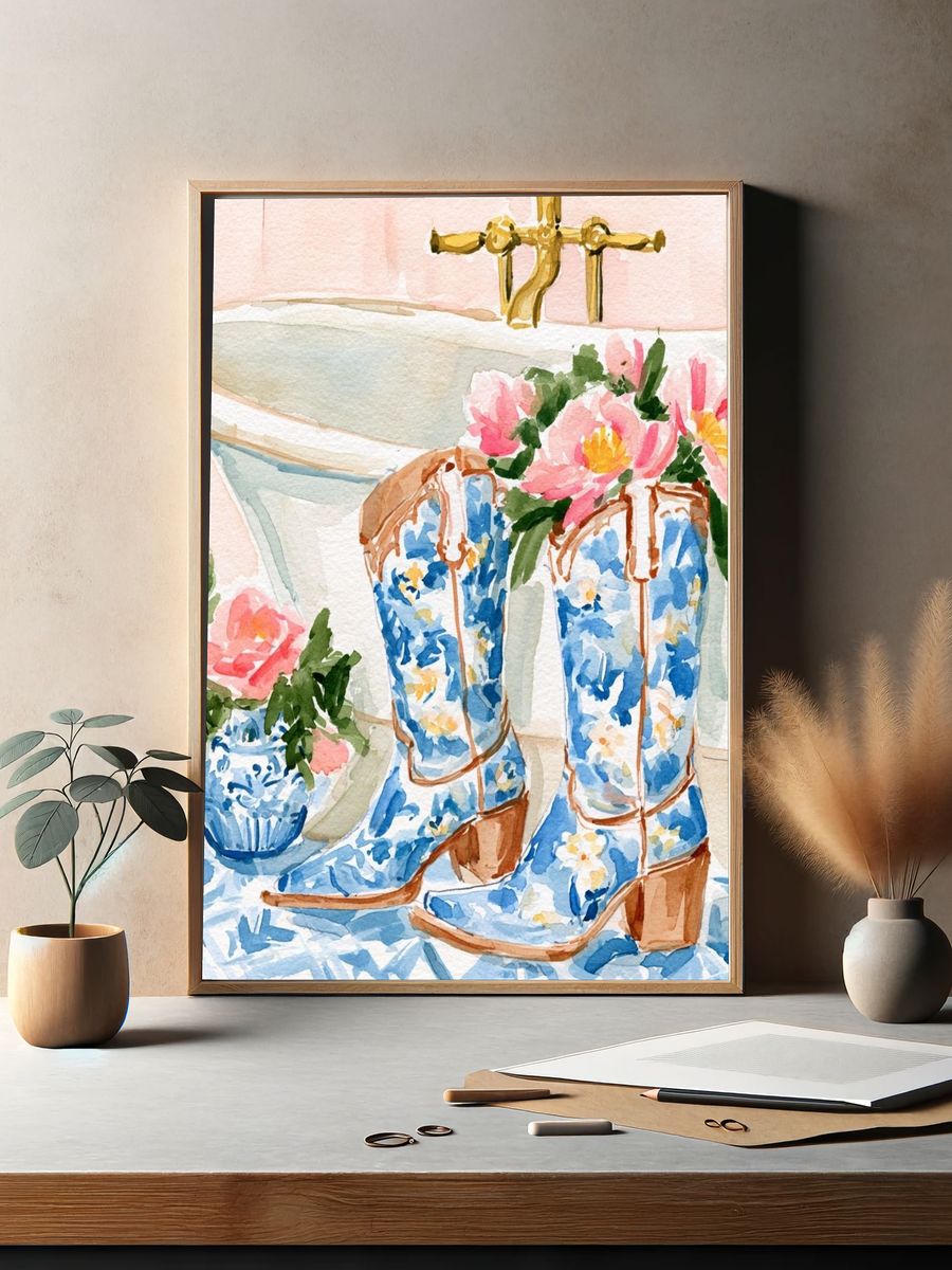 Floral Cowboy Boots Watercolor Print. — room view 2