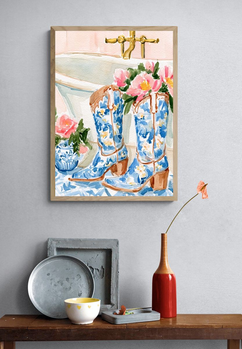 Floral Cowboy Boots Watercolor Print. — room view 3