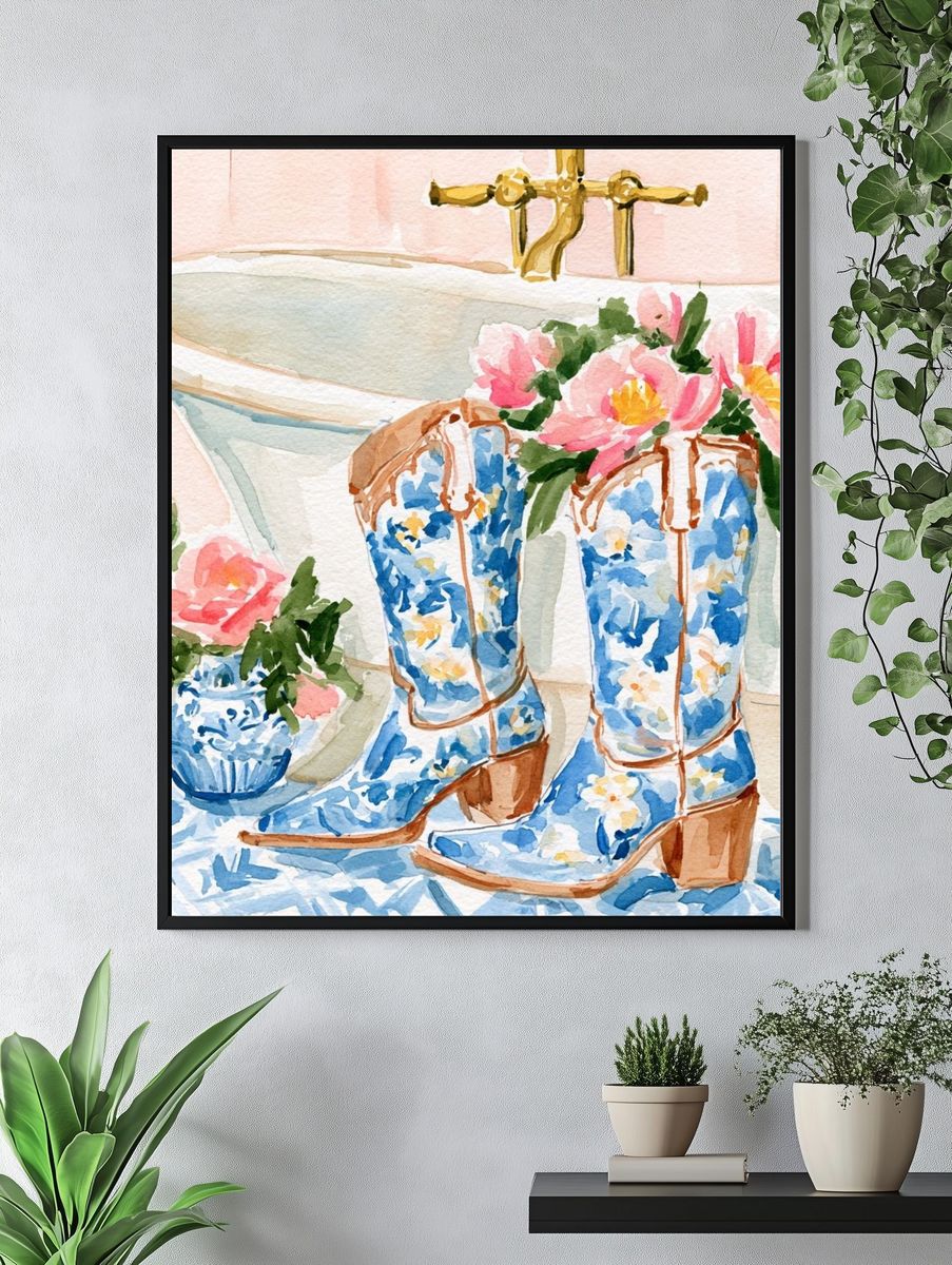 Floral Cowboy Boots Watercolor Print. — room view 4