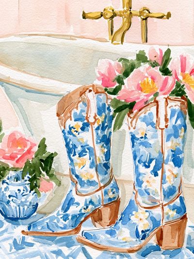 Floral Cowboy Boots Watercolor Print. poster