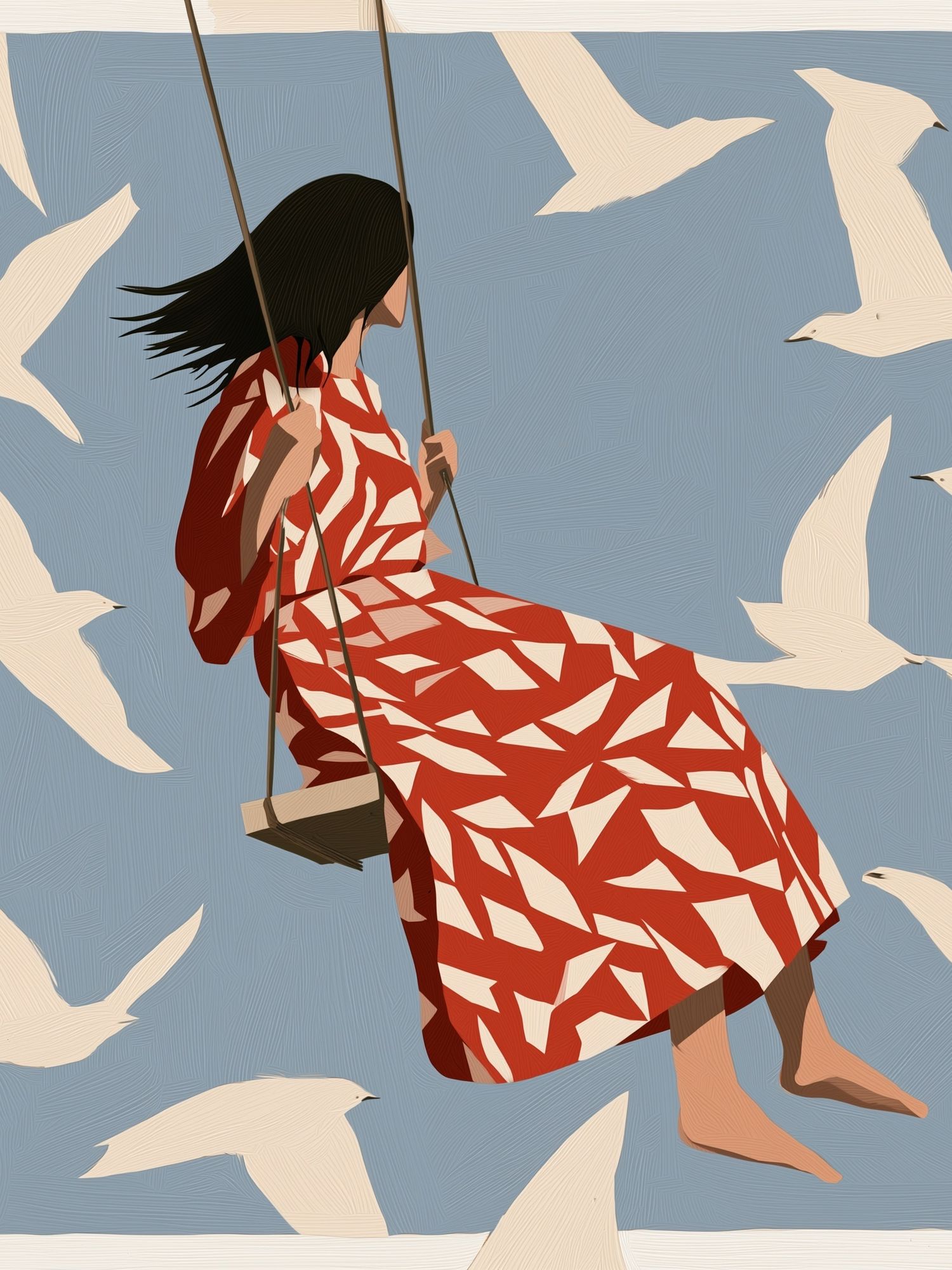 Girl on Swing with Birds Print. poster — illustration art
