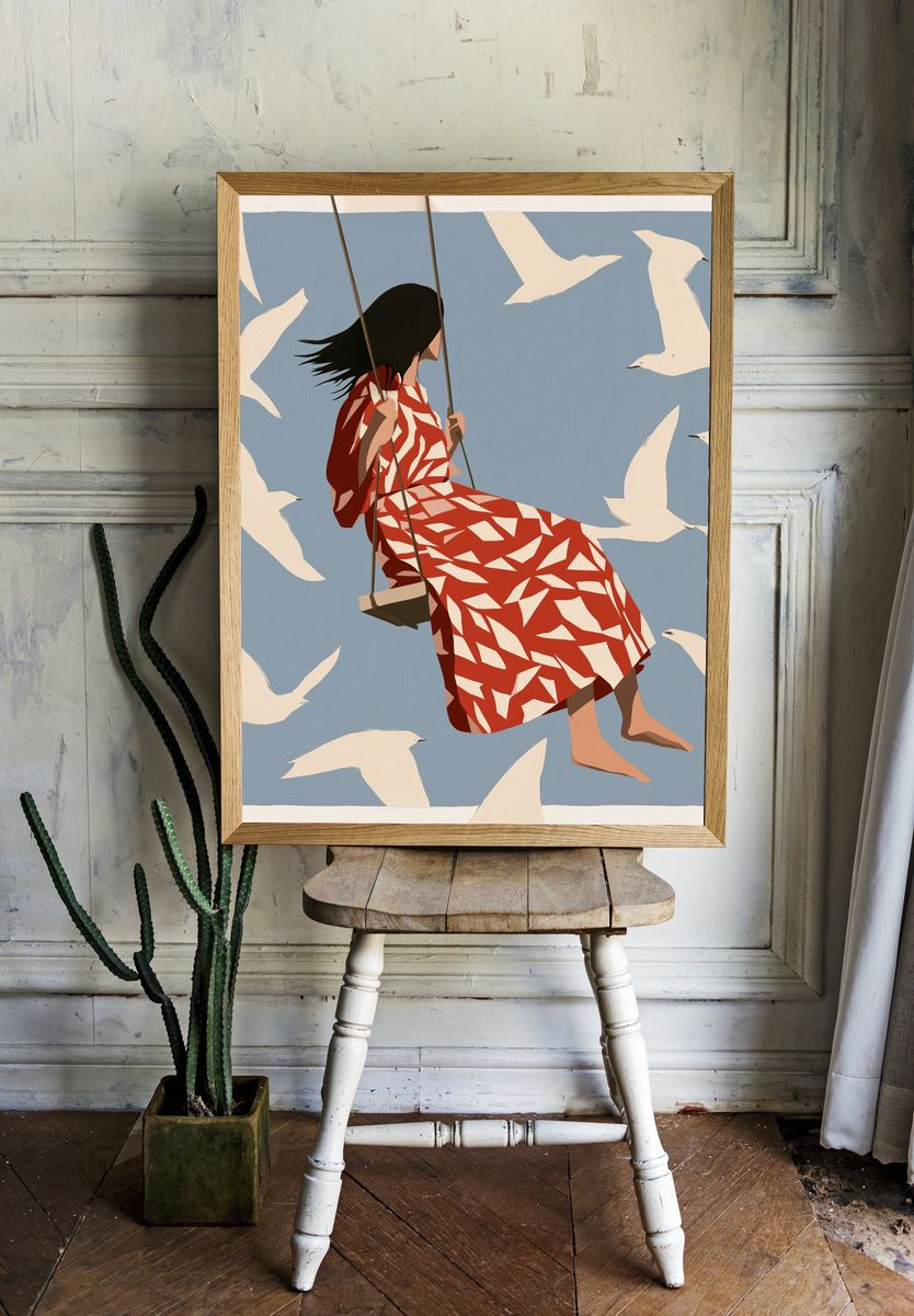 Girl on Swing with Birds Print. — room view 1
