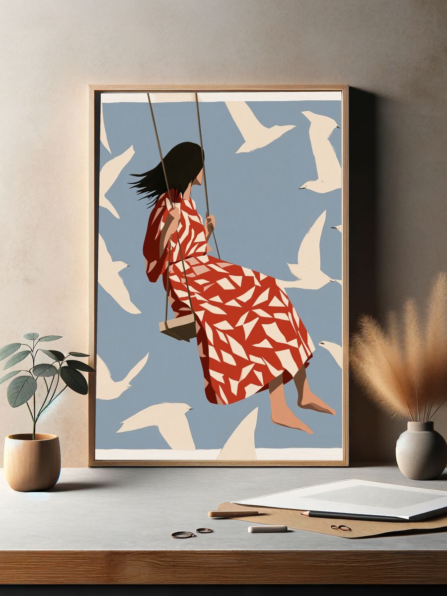 Girl on Swing with Birds Print. — room view 2