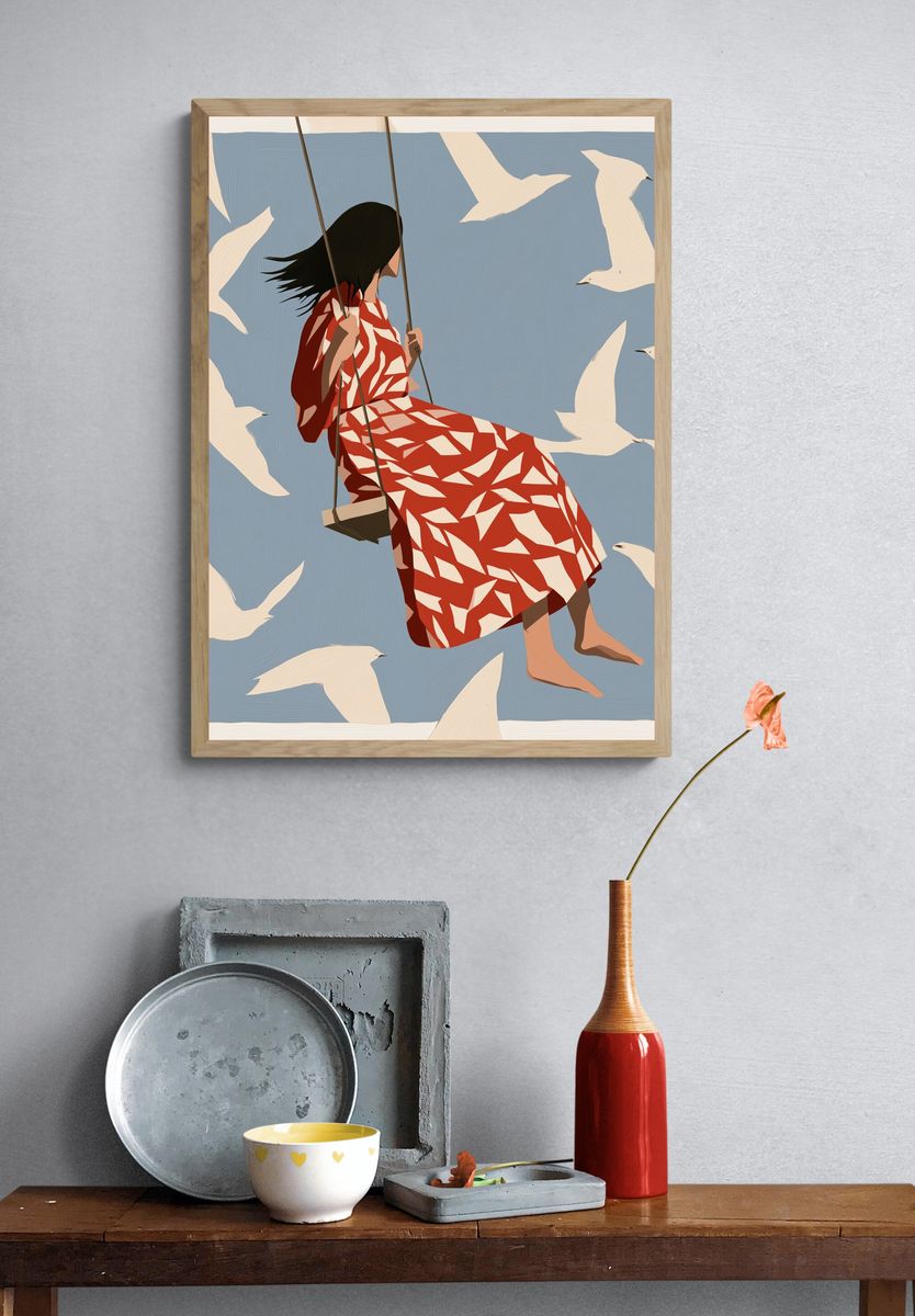 Girl on Swing with Birds Print. — room view 3
