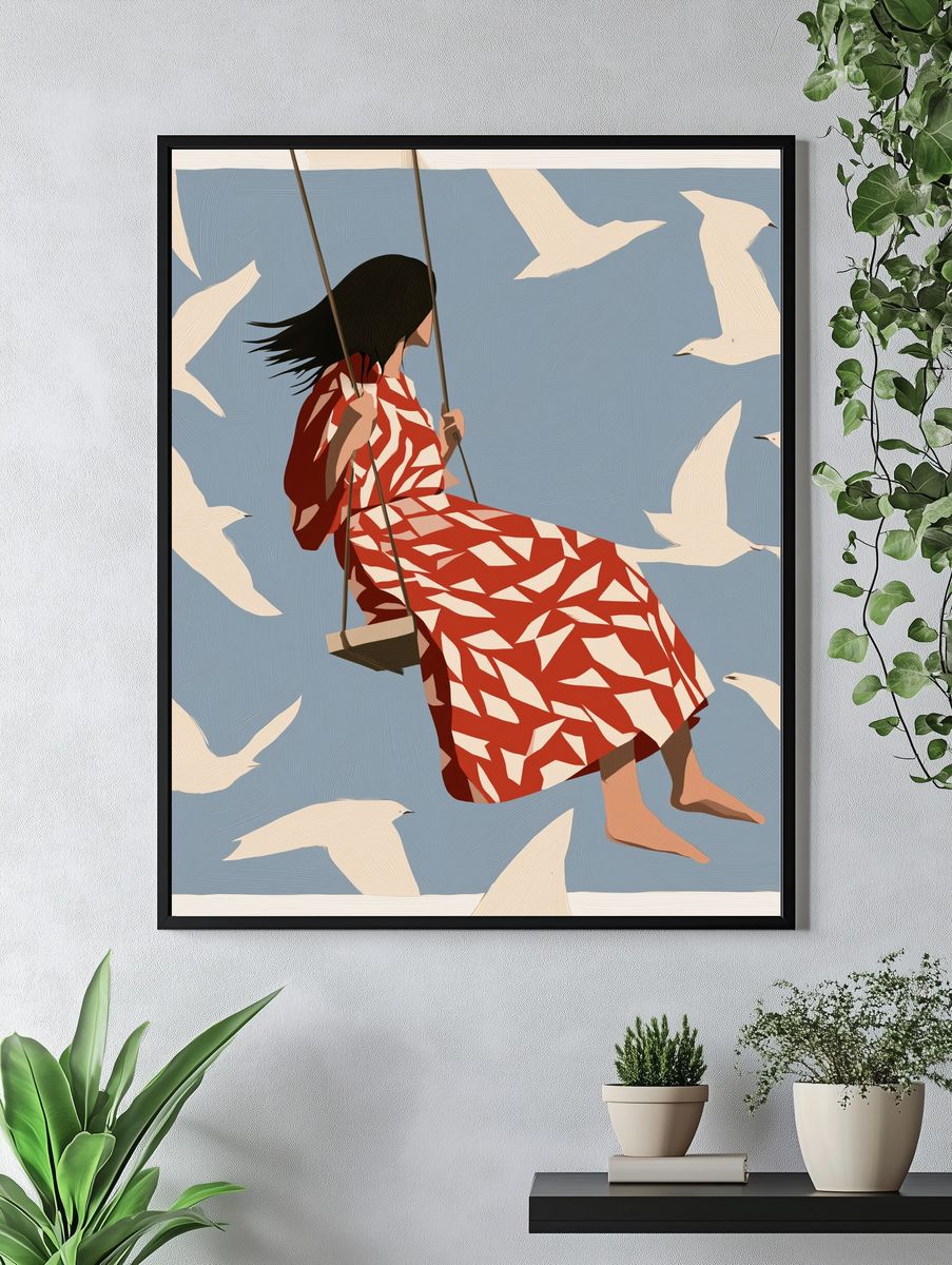 Girl on Swing with Birds Print. — room view 4