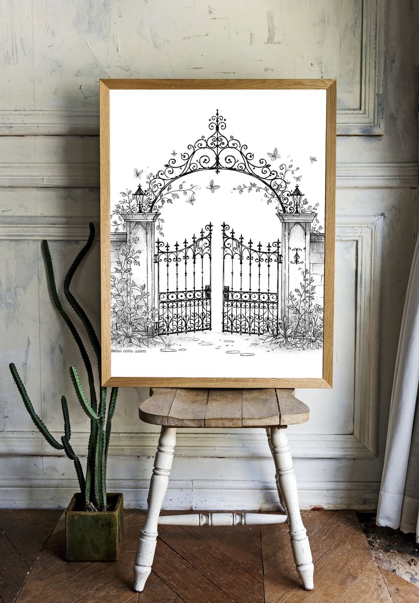Ornate Garden Gate Illustration Poster. — room view 1