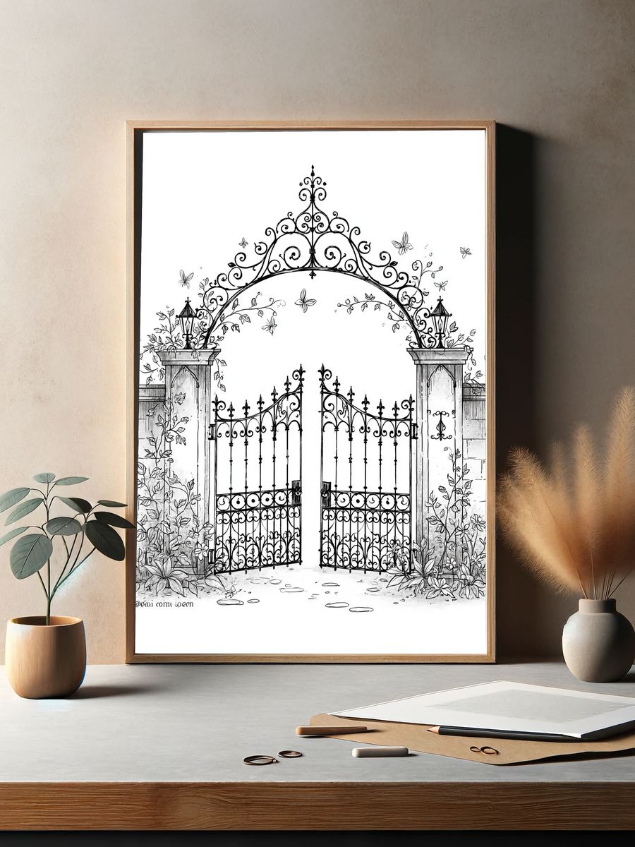 Ornate Garden Gate Illustration Poster. — room view 2