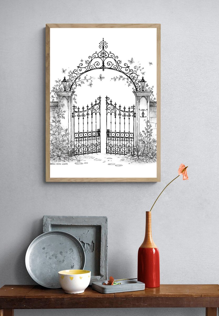 Ornate Garden Gate Illustration Poster. — room view 3