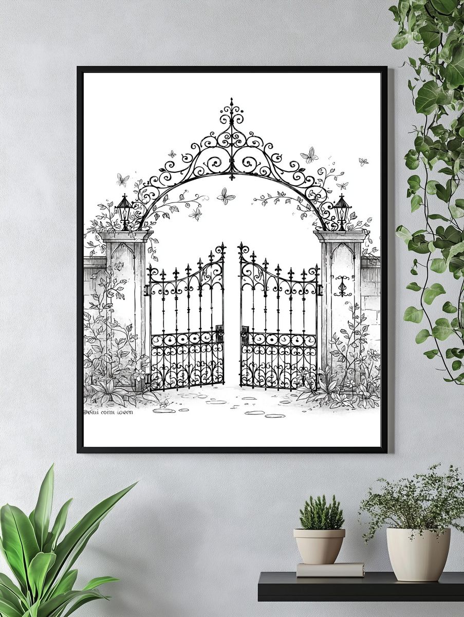 Ornate Garden Gate Illustration Poster. — room view 4