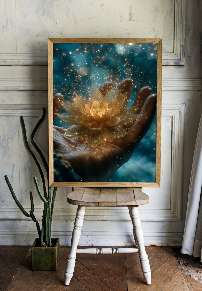 Golden Lotus Hand — Surreal Print. room preview