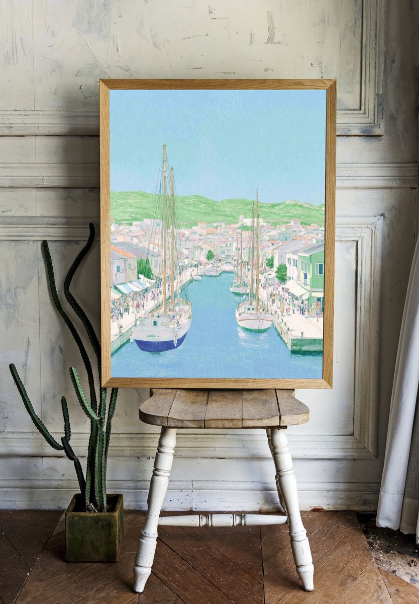 Harbor Town Watercolor Print. room preview