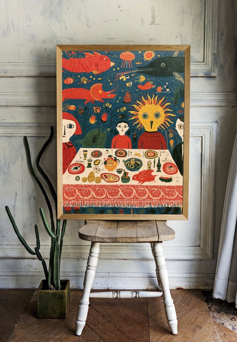 Surreal Dinner Party Illustration Poster. — room view 1