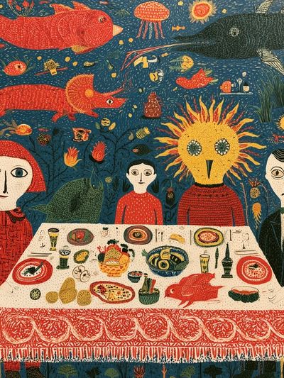Surreal Dinner Party Illustration Poster.