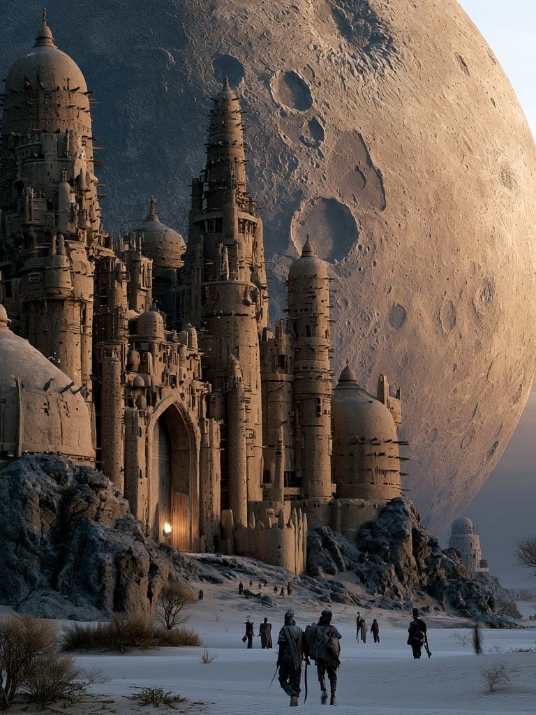 Moonlit Desert Citadel Sci-Fi Poster. poster — illustration art