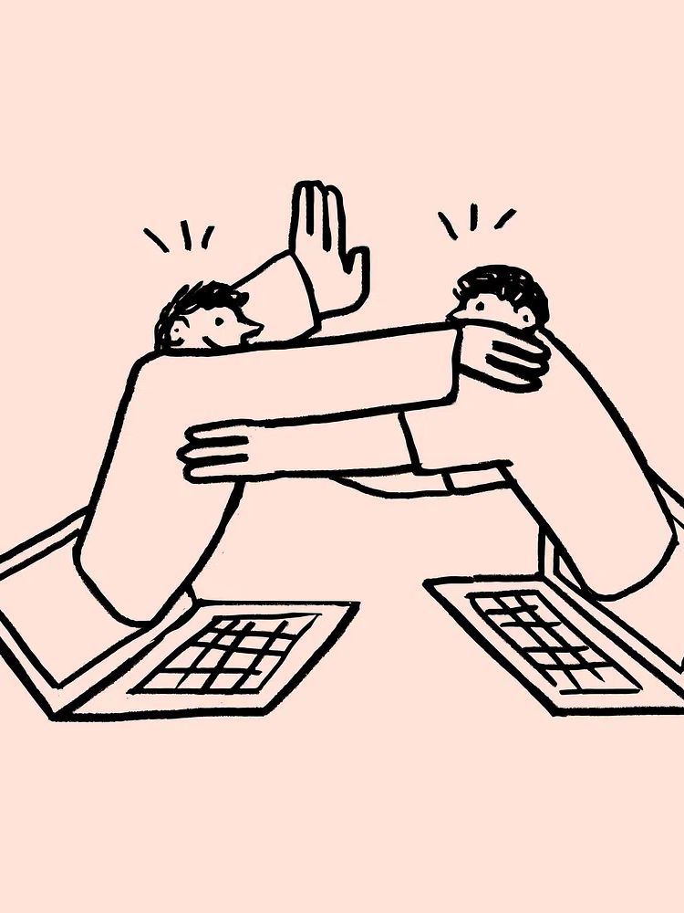 Hugging friends via social media. poster — illustration art
