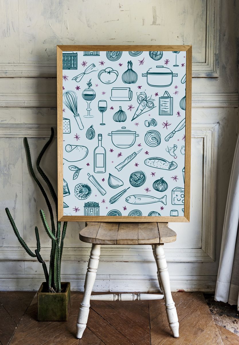Kitchen Herbs and Utensils Illustration Print. room preview