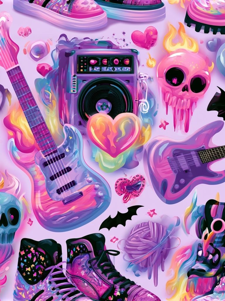 Neon Skull Guitar Collage Poster. poster detail