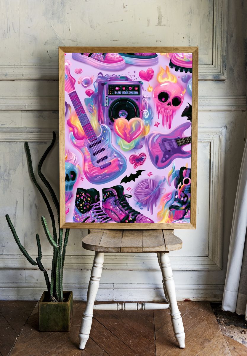 Neon Skull Guitar Collage Poster. — room view 1