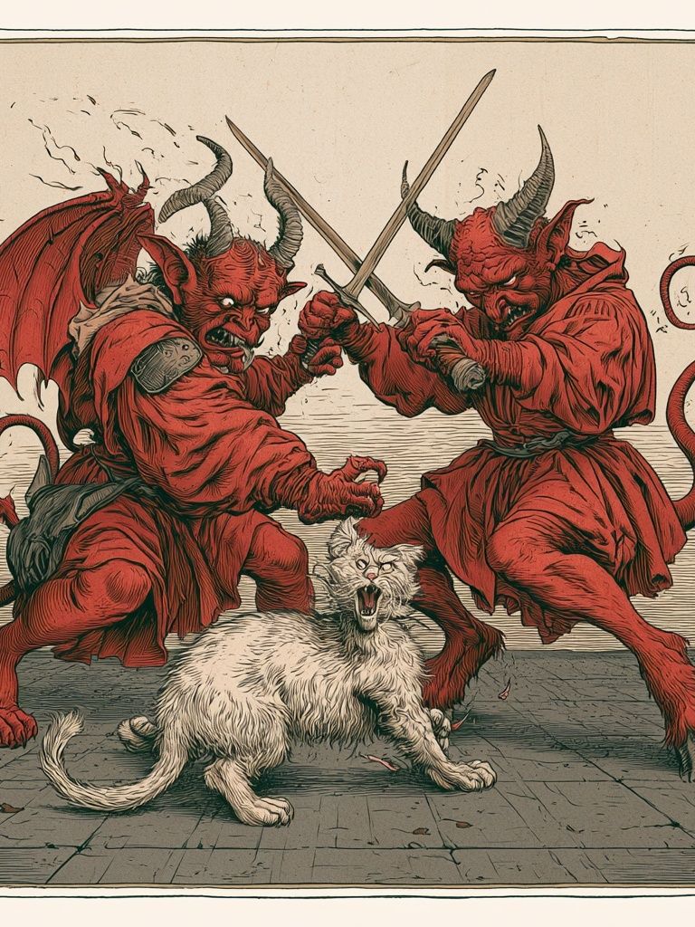 Demon Duel with Cat Print. poster detail