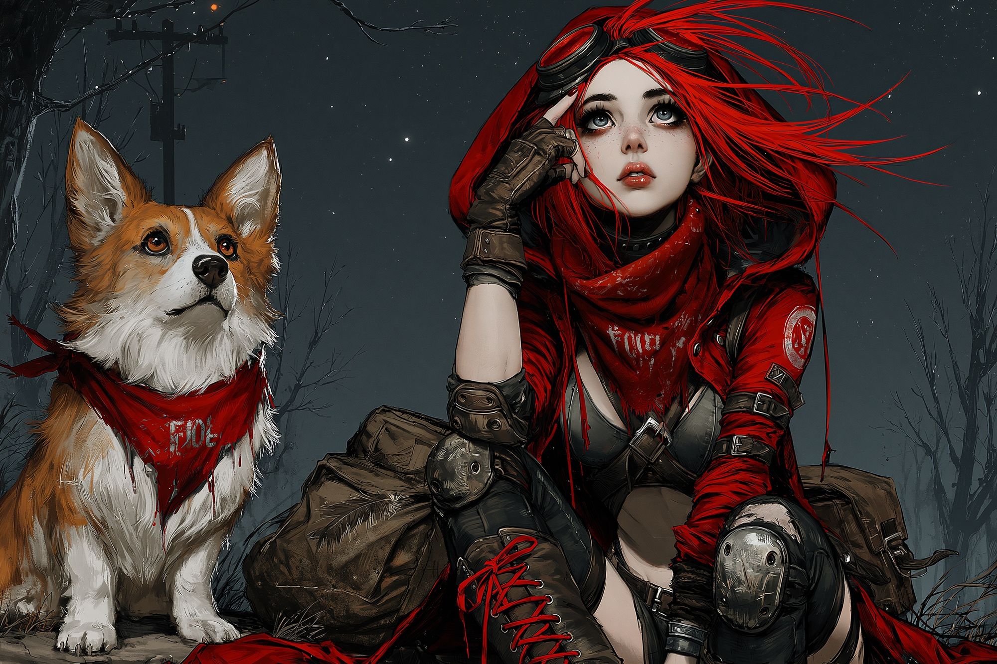 Red-Hooded Girl and Corgi Illustration Poster. poster detail