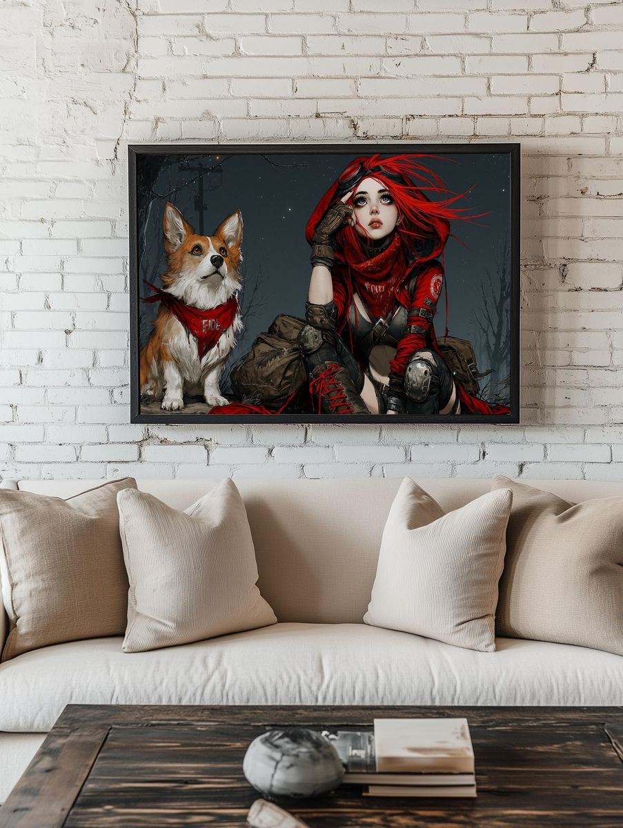 Red-Hooded Girl and Corgi Illustration Poster. room preview