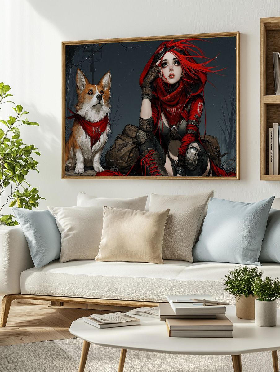 Red-Hooded Girl and Corgi Illustration Poster. — room view 2
