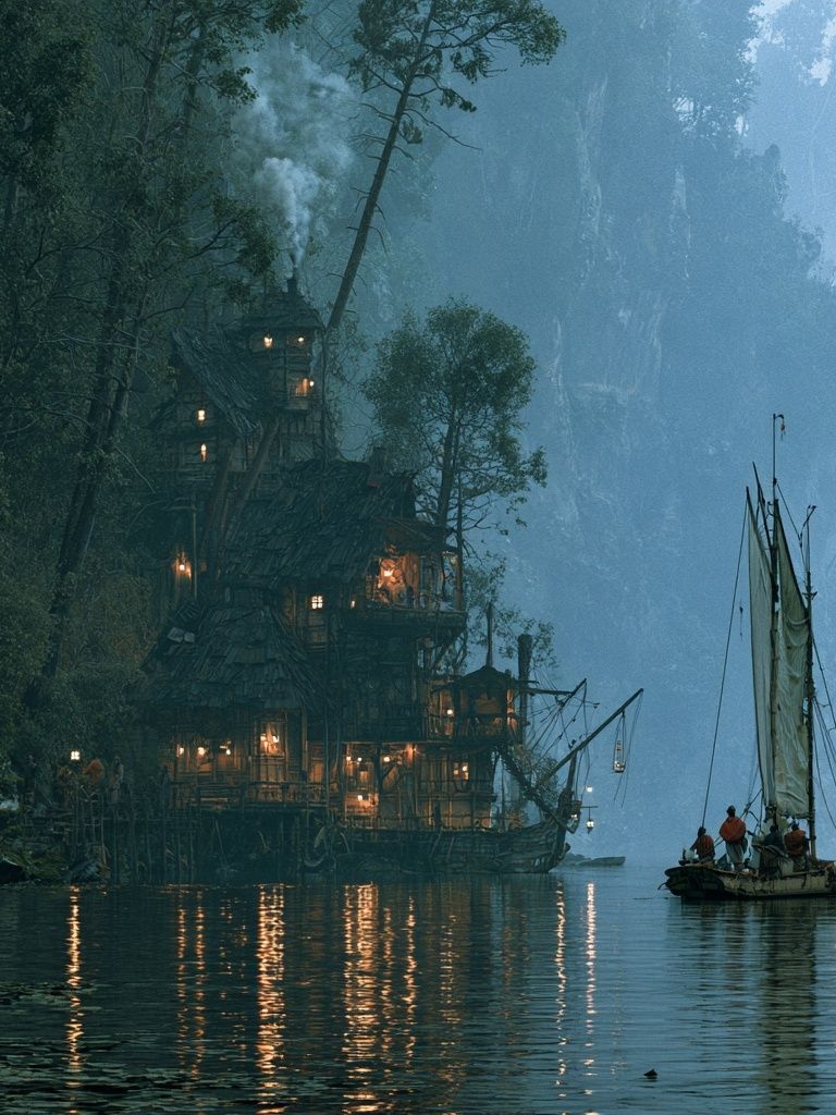 Misty Cliffside Harbor Illustration Poster. poster detail