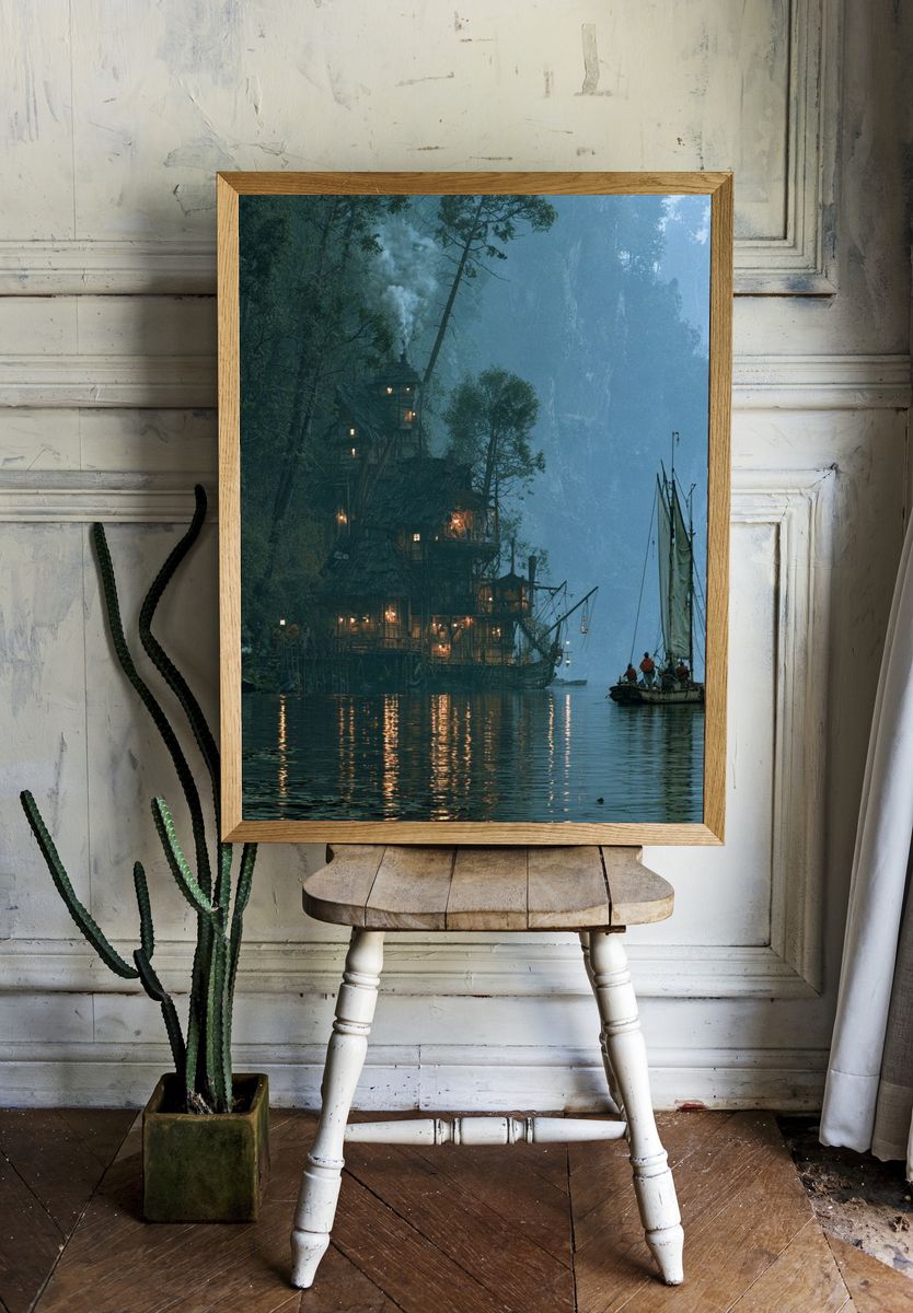 Misty Cliffside Harbor Illustration Poster. — room view 1