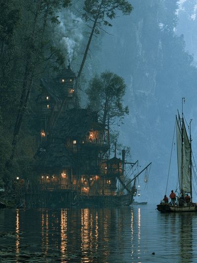 Misty Cliffside Harbor Illustration Poster.