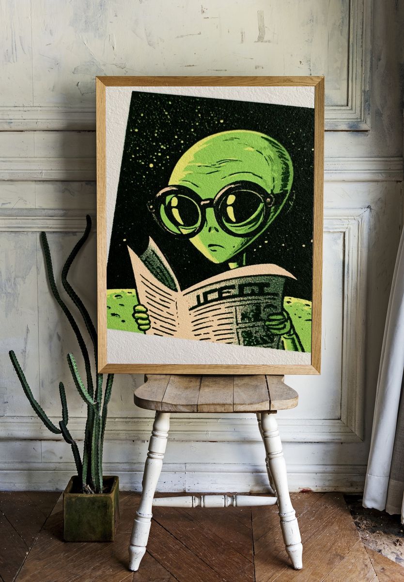 Reading Alien Illustration Poster. — room view 1